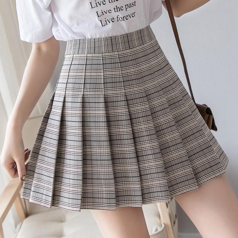 British High Waisted Slim Plaid Pleated Skirt For Women