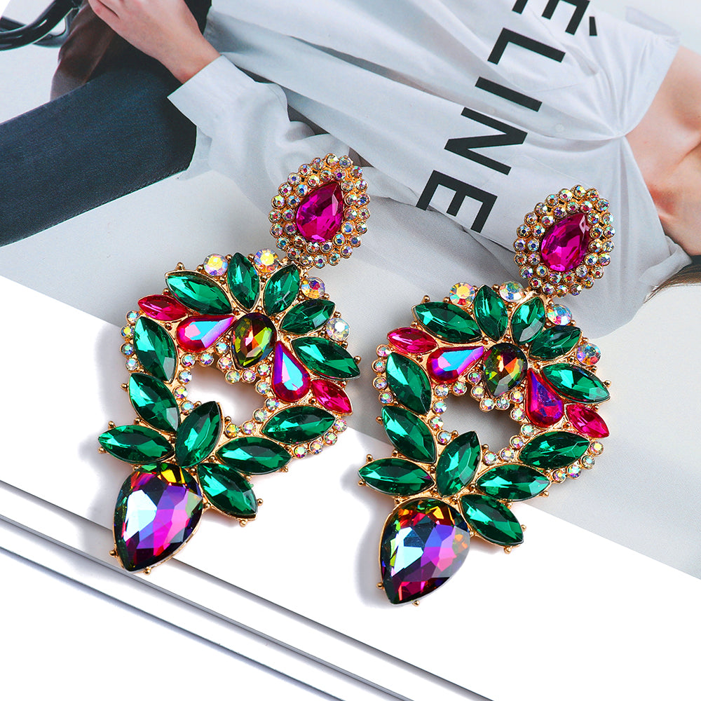 Multi Color Paved Rhinestone Floral Teardrop Dangle Earrings Women Luxury Statement Wedding Prom Formal Party Accessories