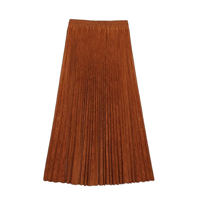 Deerskin Velvet Pleated Skirt Female High-waisted A-line Skirt All-match Big Hem