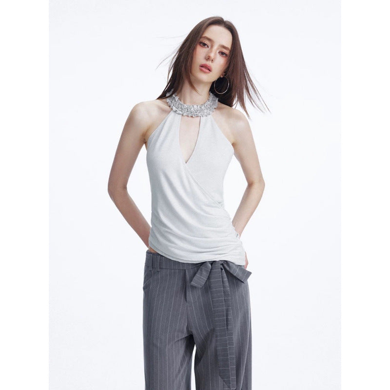 Women's Fashionable Sexy Glittery Knitted Halterneck Tank Top