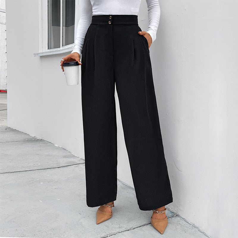 Casual High-Waist Workwear Pants Loose-Fit Black Wide-Leg Trousers