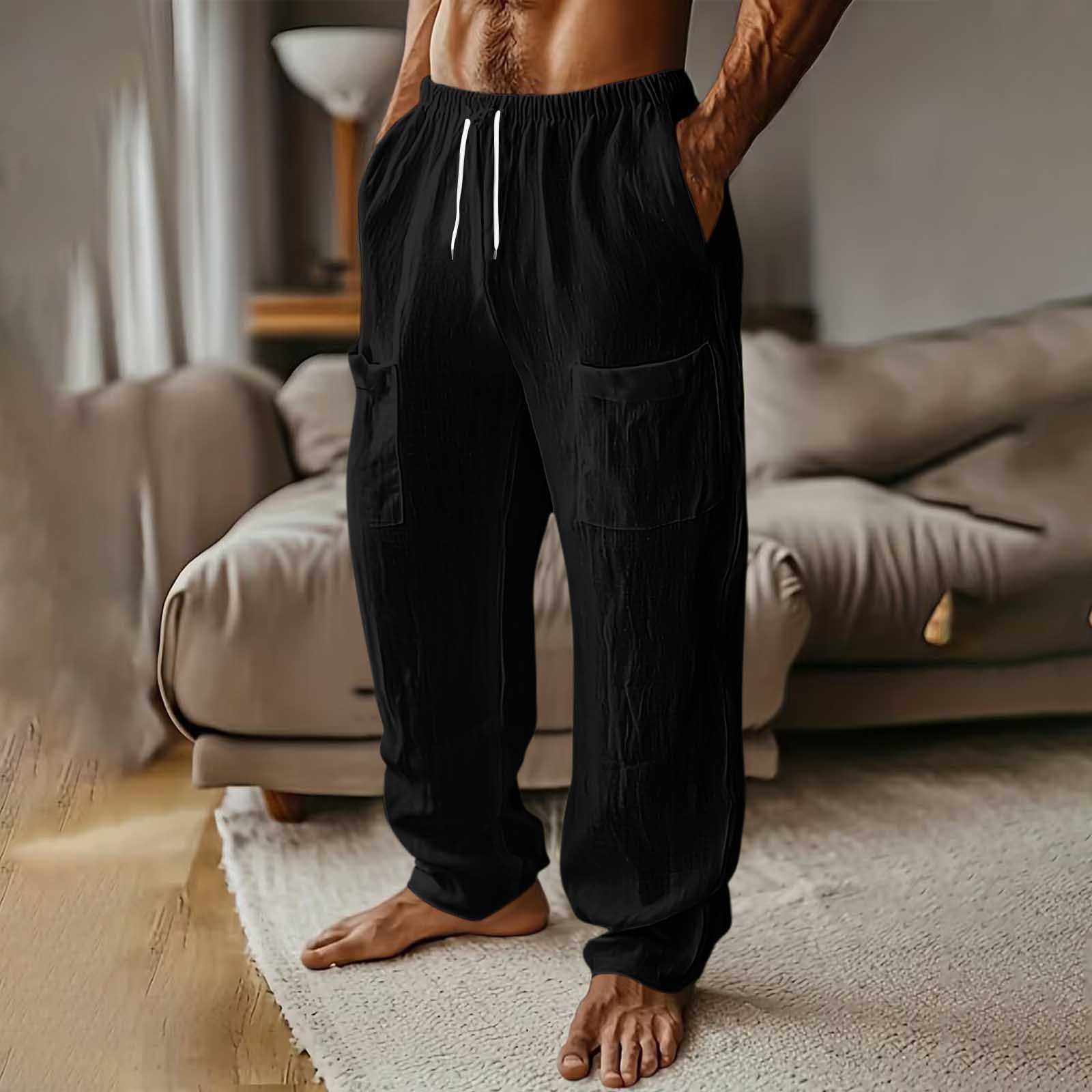 Mens Fashion Cotton-Linen Solid Color Multi-Pocket Elastic Waist Drawstring Casual Straight-Leg Trousers