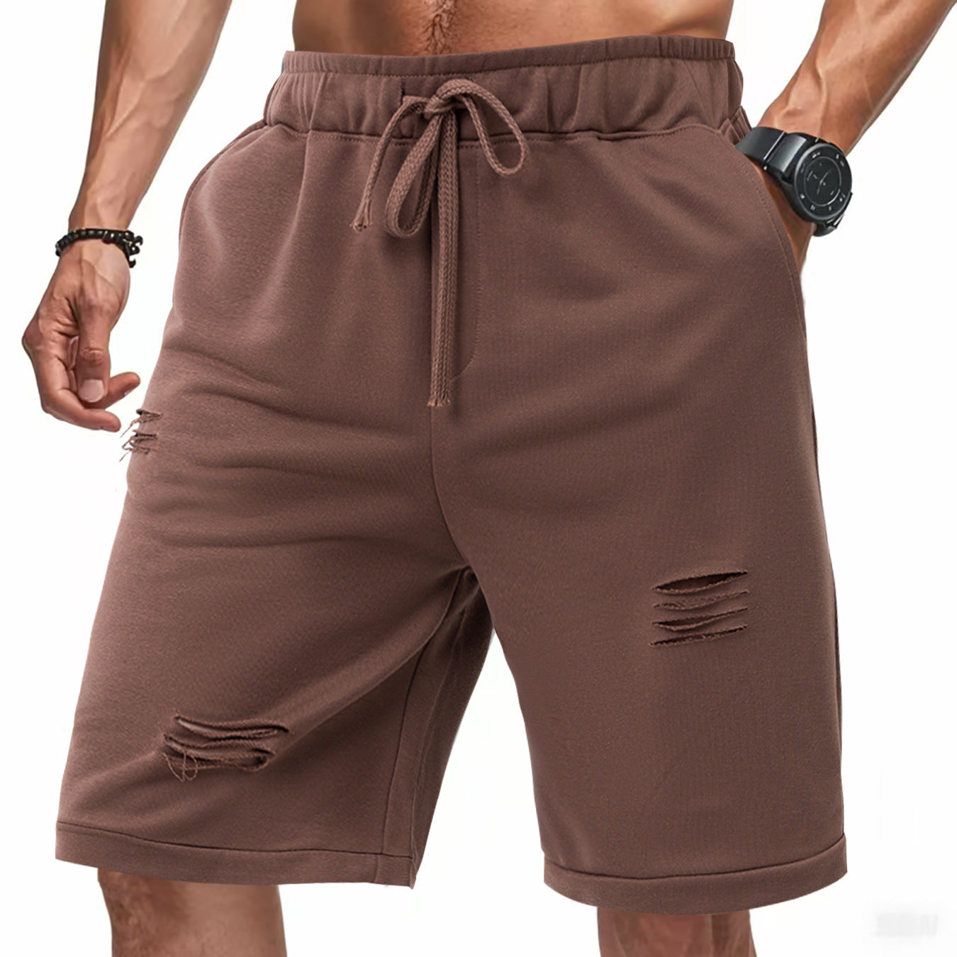 Ripped Casual Knitted Loose Fifth Solid Color Terry Sports Pants