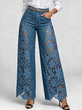 High-waisted Wide-leg Pants Womens Lace-panelled Jeans