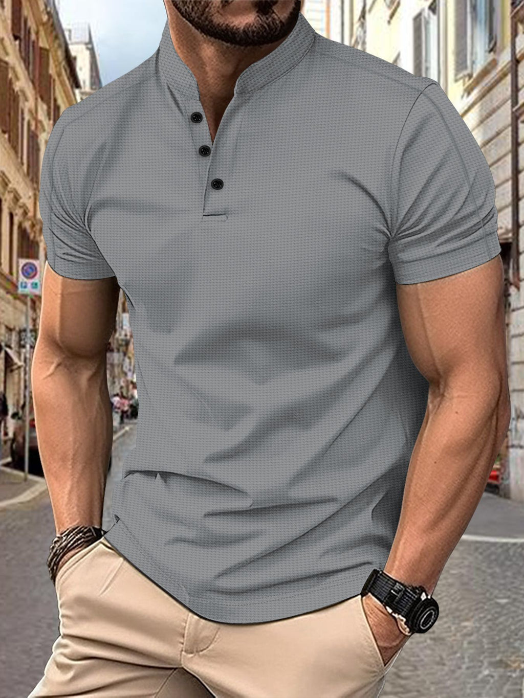 Mens Stylish Short-sleeve Stand-up Collar Top