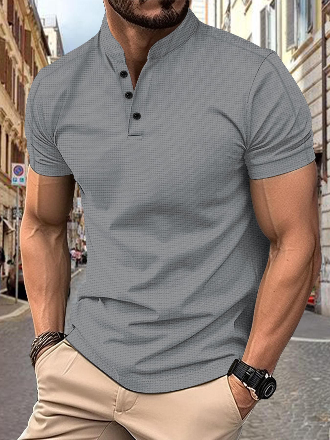 Mens Stylish Short-sleeve Stand-up Collar Top