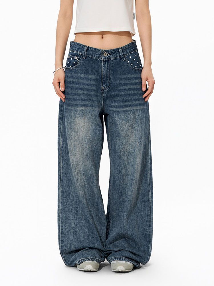 Star-print Wide-leg Denim Jeans For Women Washed Loose-fit Casual