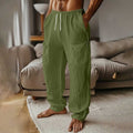 Mens Fashion Cotton-Linen Solid Color Multi-Pocket Elastic Waist Drawstring Casual Straight-Leg Trousers