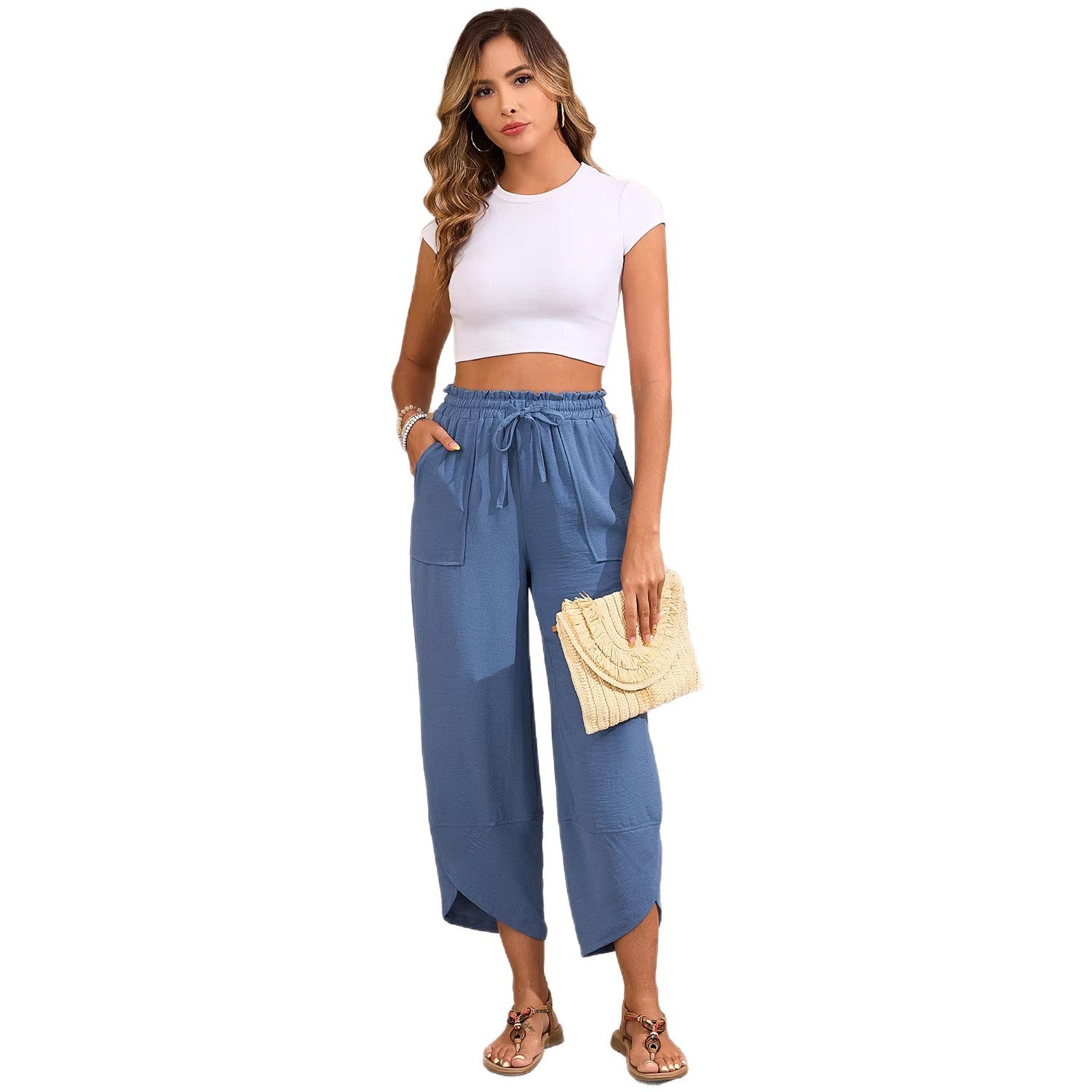 Women's Petal-Print Drawstring Elastic Waist Cropped Wide-Leg Pants