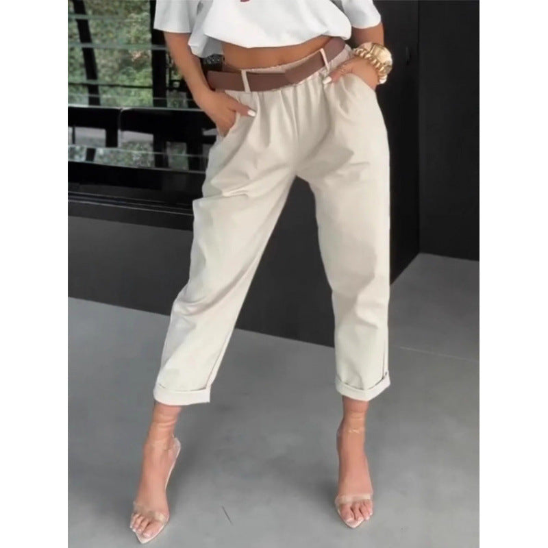 New Womens Solid-color Pocketed Slim-fit Versatile Casual Pants