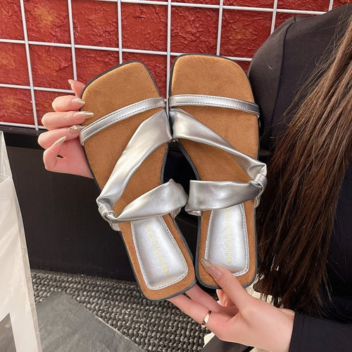 2025 Summer New French Style Low Heel Slippers For Women, Fairy Style Outdoor Fashion Slides, Elegant Match-Dress Sandals In Black, Silver, Beige