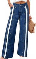 Fashionable Retro Personalized Flared Split Hem Color-Block Wide-Leg Floor-Length Womens Denim Trousers