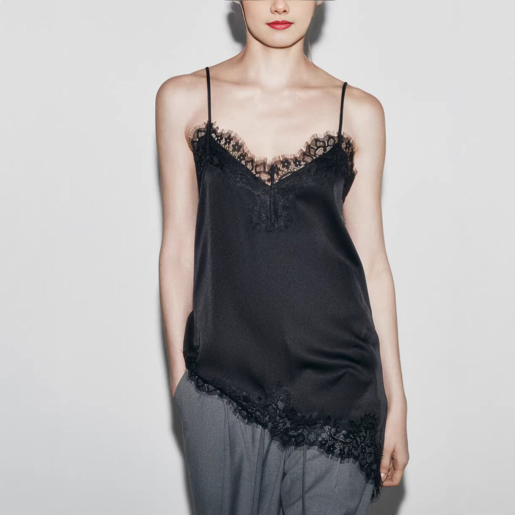 Womens Lace-Panel Irregular Adjustable Tank Top