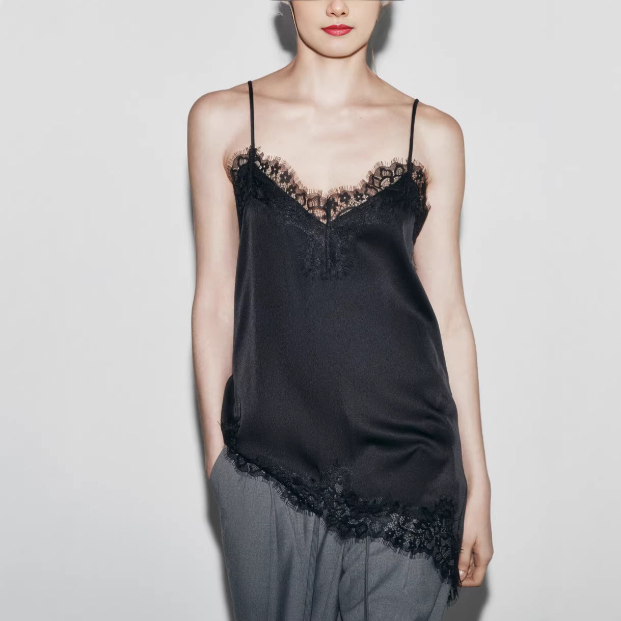 Womens Lace-Panel Irregular Adjustable Tank Top