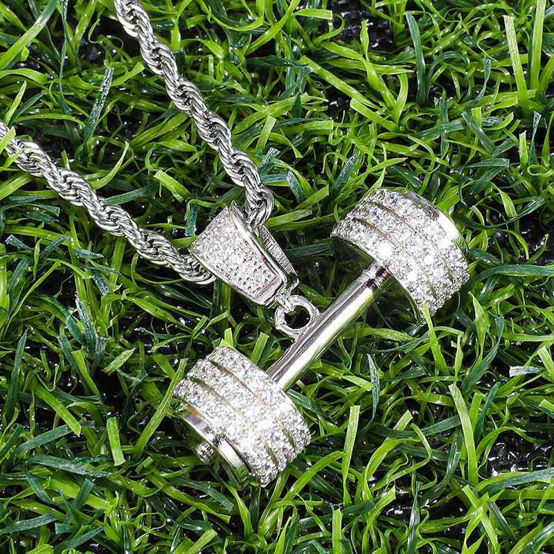 Euro-American Full-Crystal Hip-Hop Pendant Dumbbell Necklace Statement Jewelry