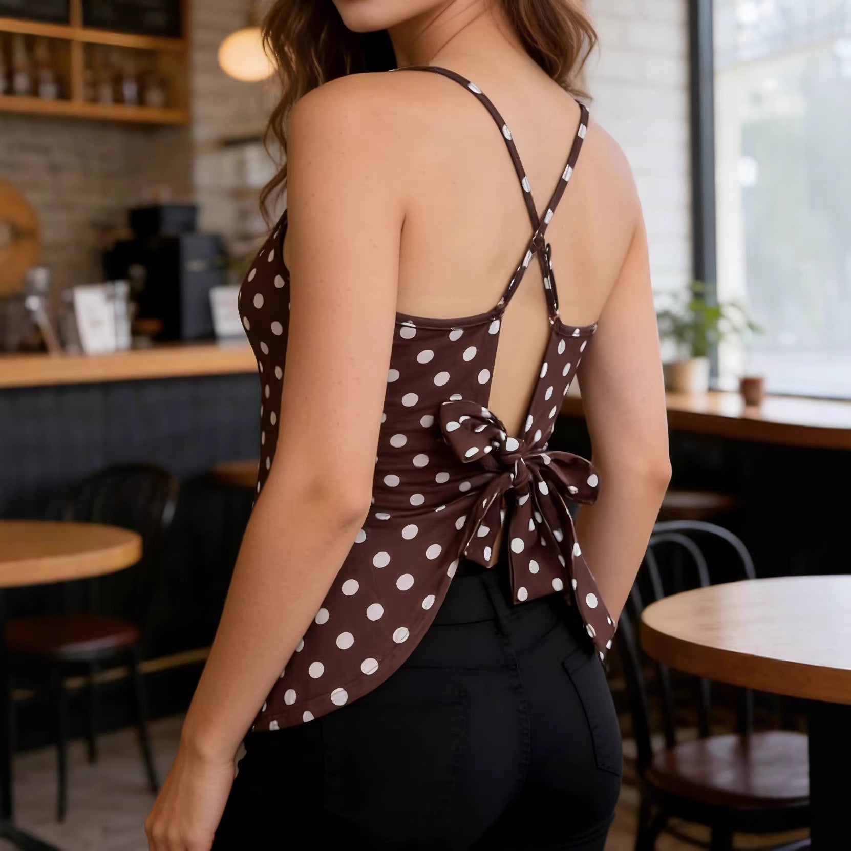 SpringSummer Knitted Polka Dot Printed Back Tie Bow Camisole