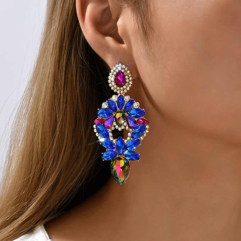 Multi Color Paved Rhinestone Floral Teardrop Dangle Earrings Women Luxury Statement Wedding Prom Formal Party Accessories