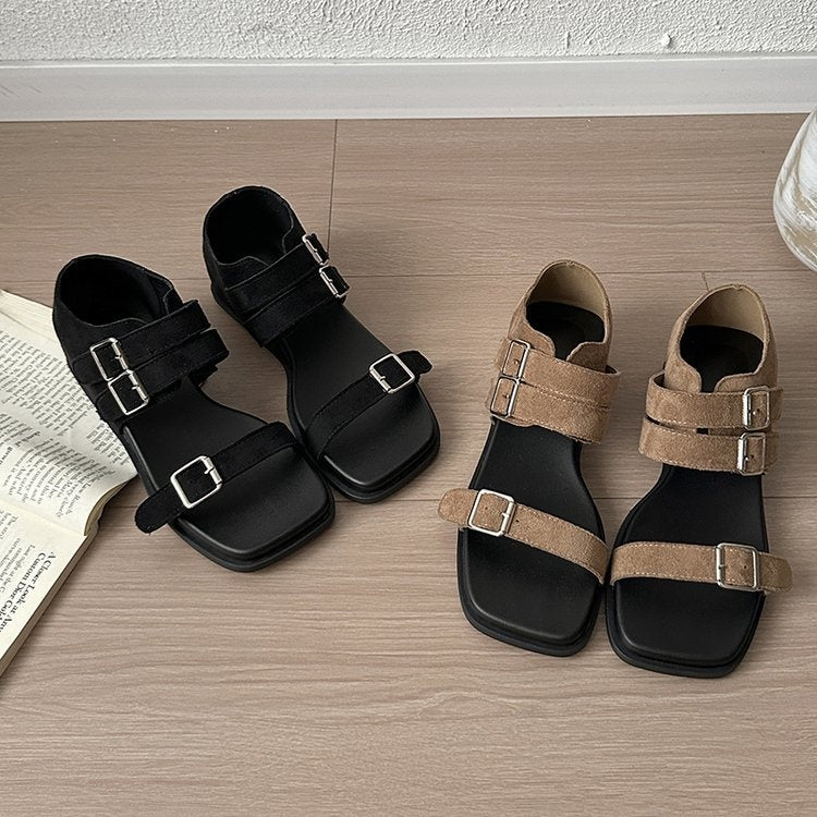 2026 Summer Women's Square Toe Open Toe Roman Sandals One Strap Buckle Platform Hidden Wedge Heel Fashion Casual Outdoor Beach Shoes