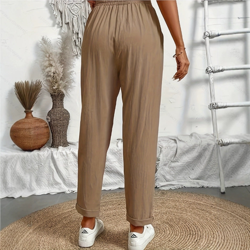 Drawstring-waist Wide-leg Pants Womens Solid Color