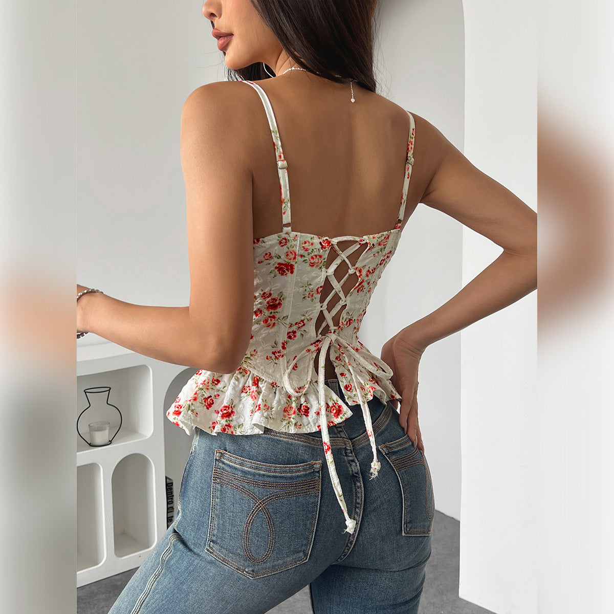 Women's Floral-print Asymmetrical Ruffled Top