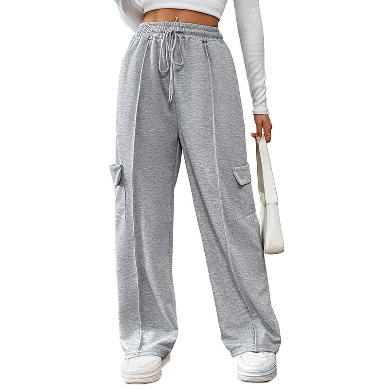 Casual Elastic High-Waist Straight Pants With Patch Pockets