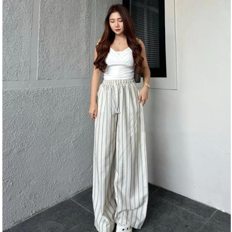 Women's Striped Loose Drawstring Wide-Leg Pants
