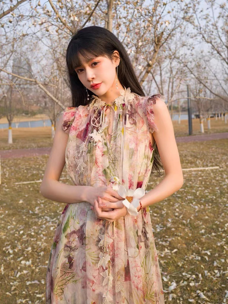 Garden-themed Print Butterfly Dress In Silk Crepe