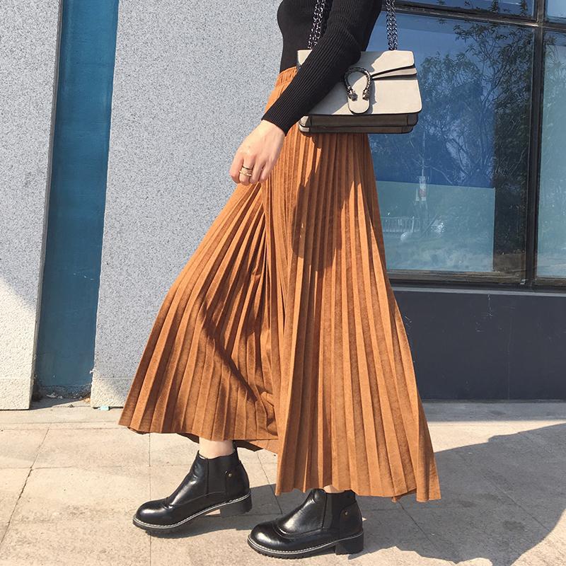 Deerskin Velvet Pleated Skirt Female High-waisted A-line Skirt All-match Big Hem