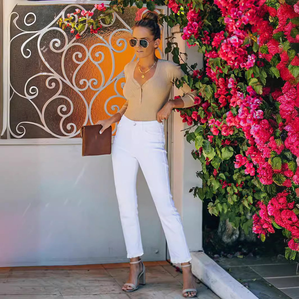 Raw Edge White Stretch Denim Straight Leg Pants