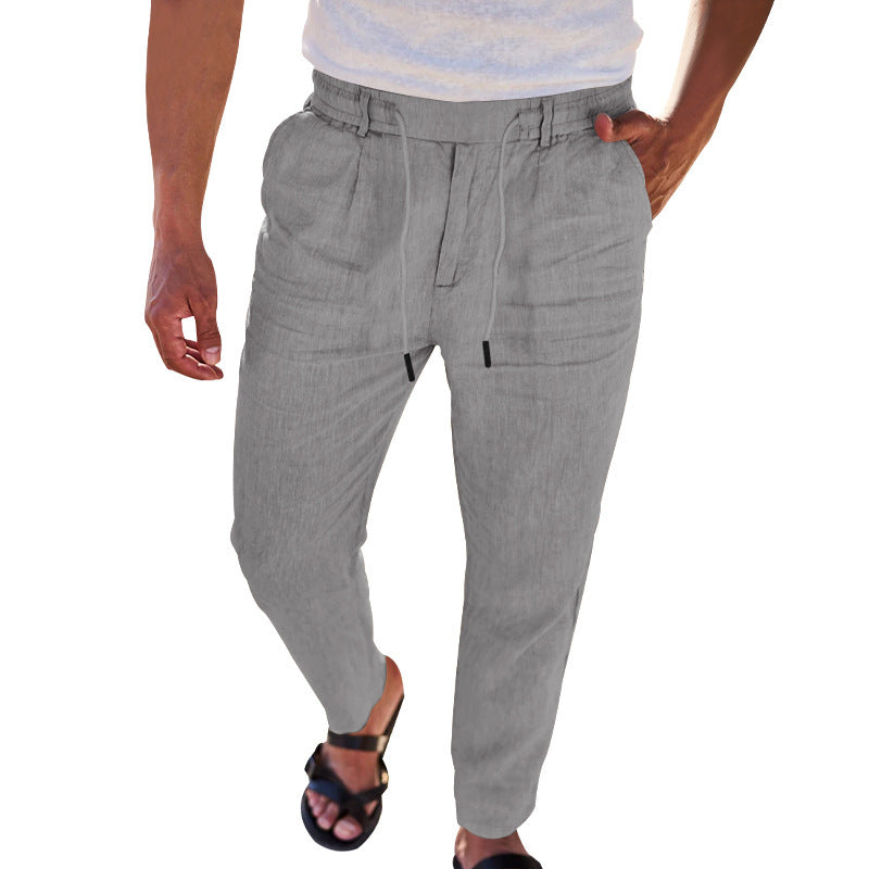Autumn Thin Casual Cotton And Linen Drawstring Straight-leg Trousers