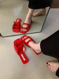 Women's Korean Style Bow Hollow Flat Slide Sandals, New 2026 Summer Design, French Square Toe Beach One-Strap Slides For Outdoor Wear