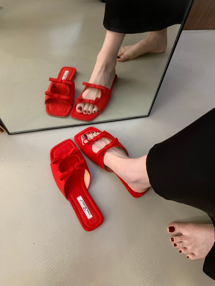 Women's Korean Style Bow Hollow Flat Slide Sandals, New 2026 Summer Design, French Square Toe Beach One-Strap Slides For Outdoor Wear
