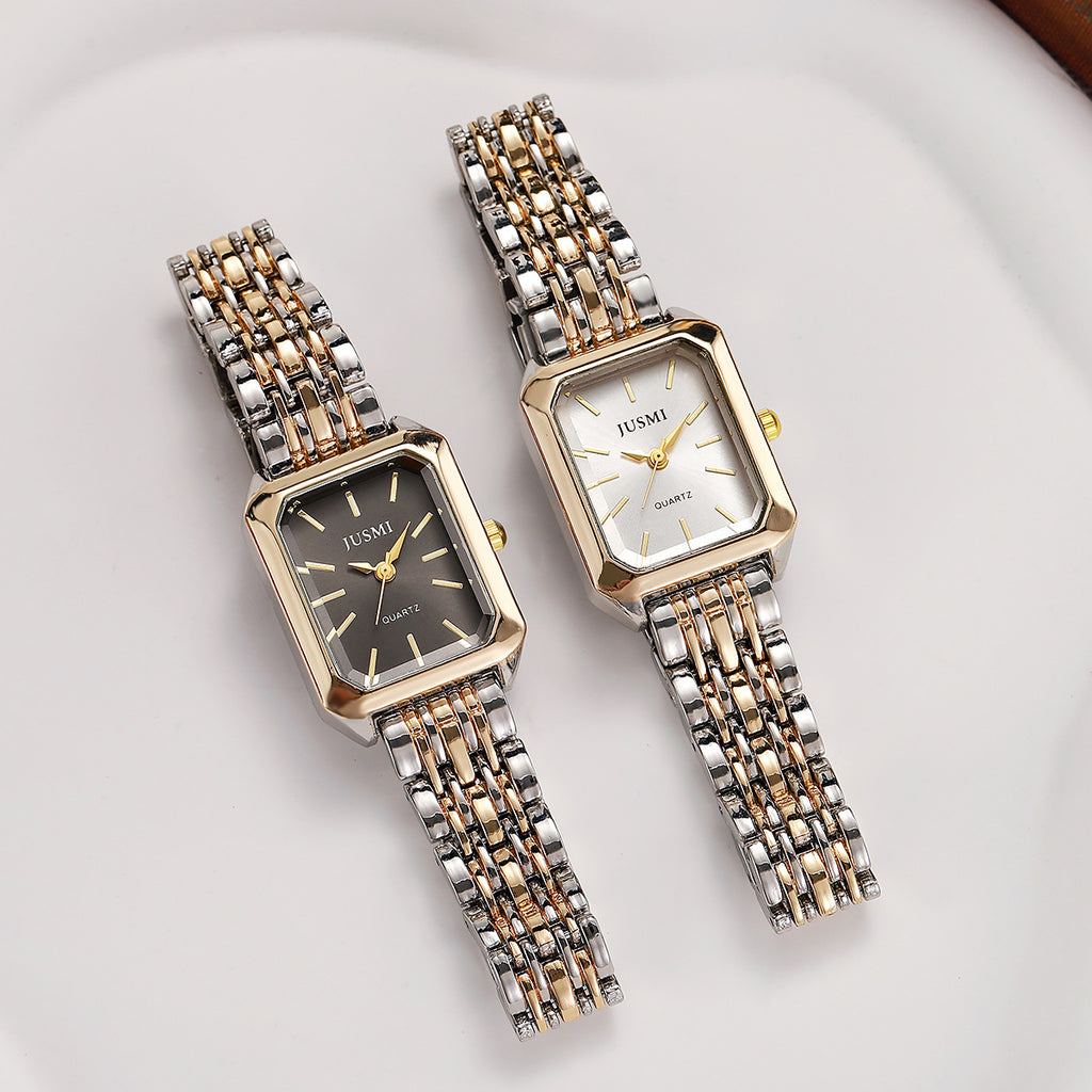 Square Meridian-Style Dial Fashionable Personalized Quartz Watch With Steel Band