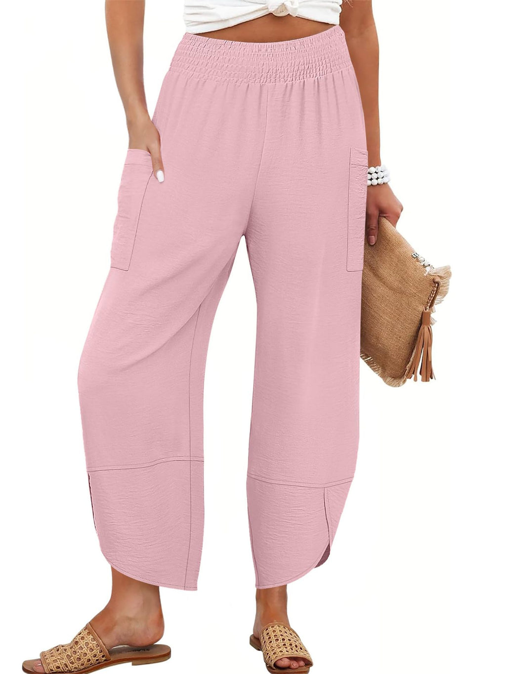 Summer New High-Waist Loose Solid-Color Side-Pocket Cropped Trousers