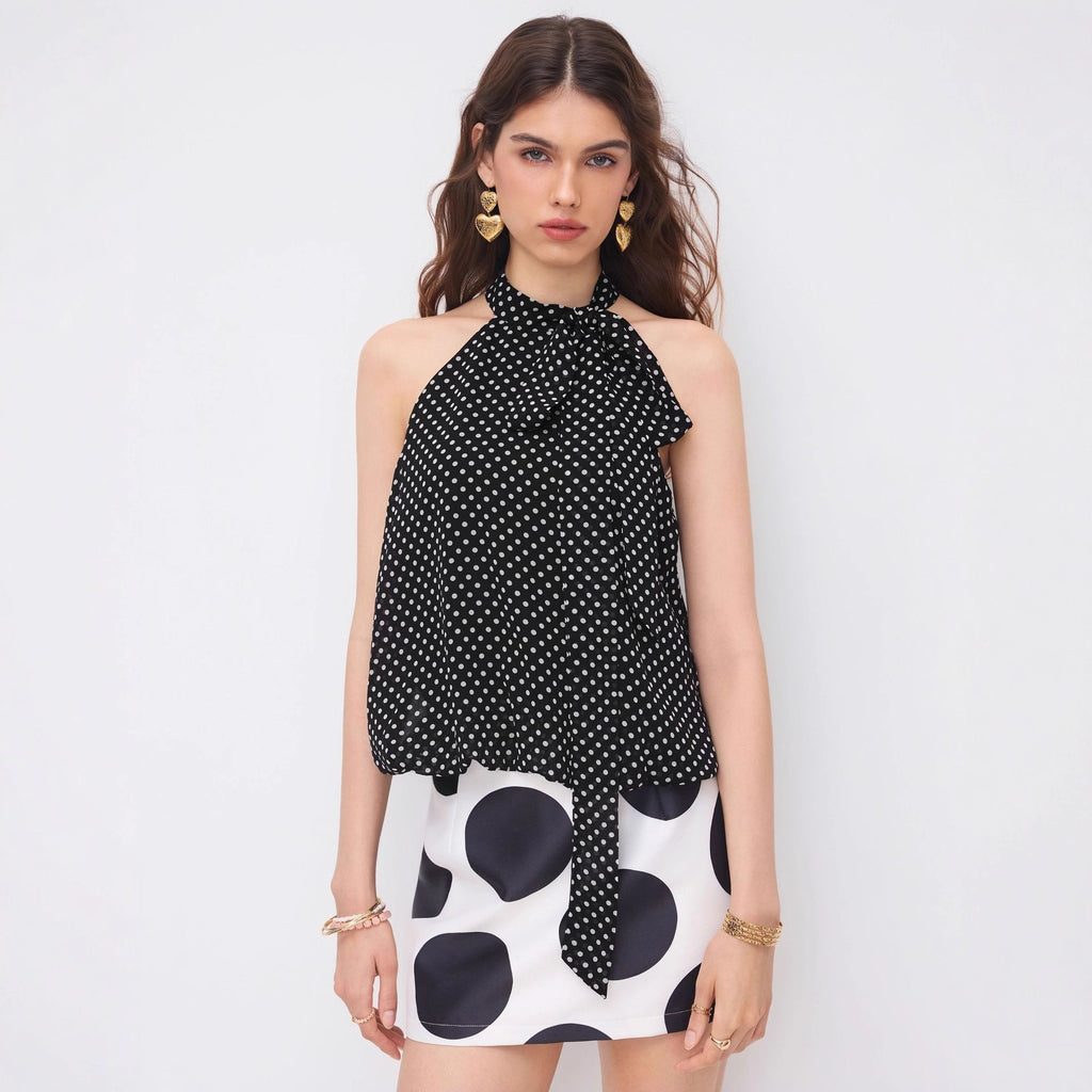 Round-neck Polka-dot Sleeveless Tie-neck Top