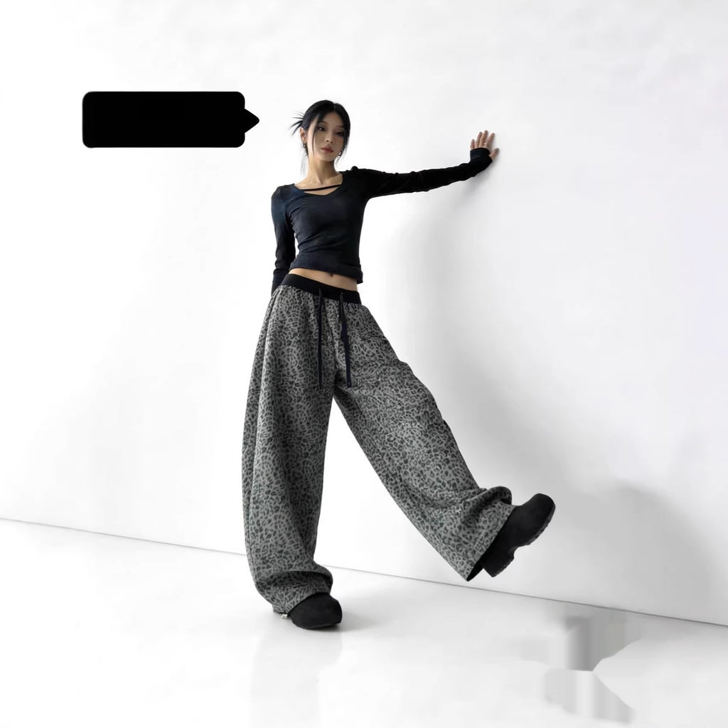 Womens Fashionable All-Match Leopard-Print High-Waist Wide-Leg Pants