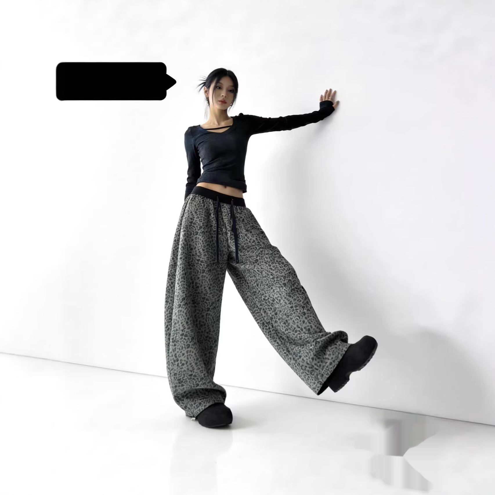Womens Fashionable All-Match Leopard-Print High-Waist Wide-Leg Pants