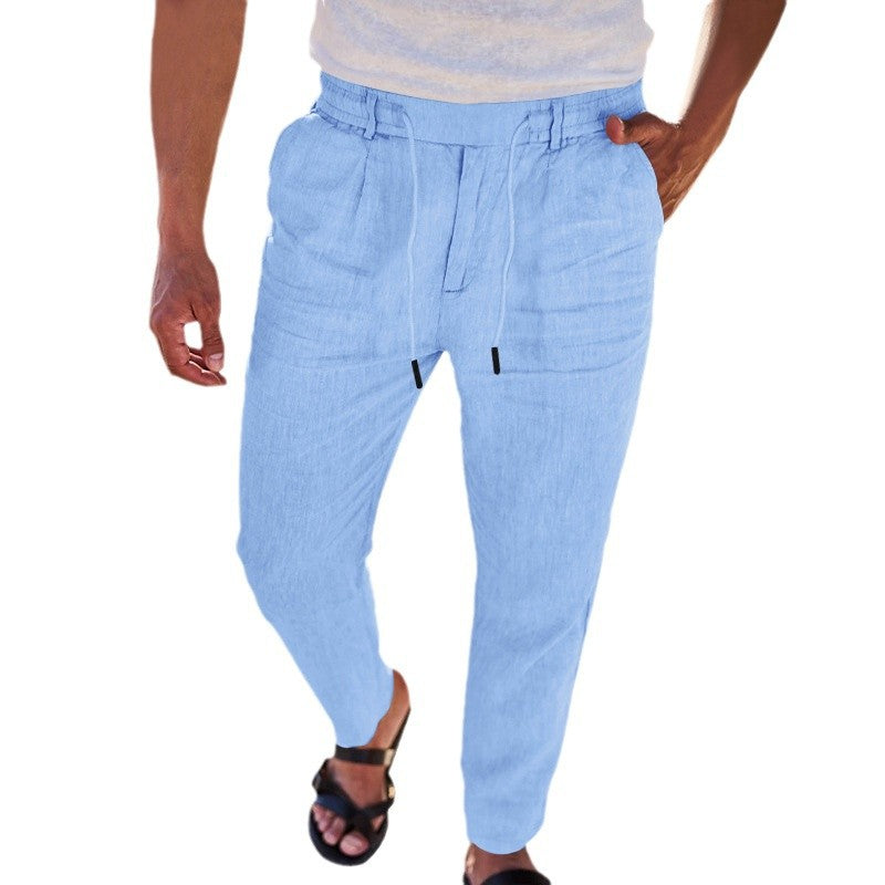 Autumn Thin Casual Cotton And Linen Drawstring Straight-leg Trousers