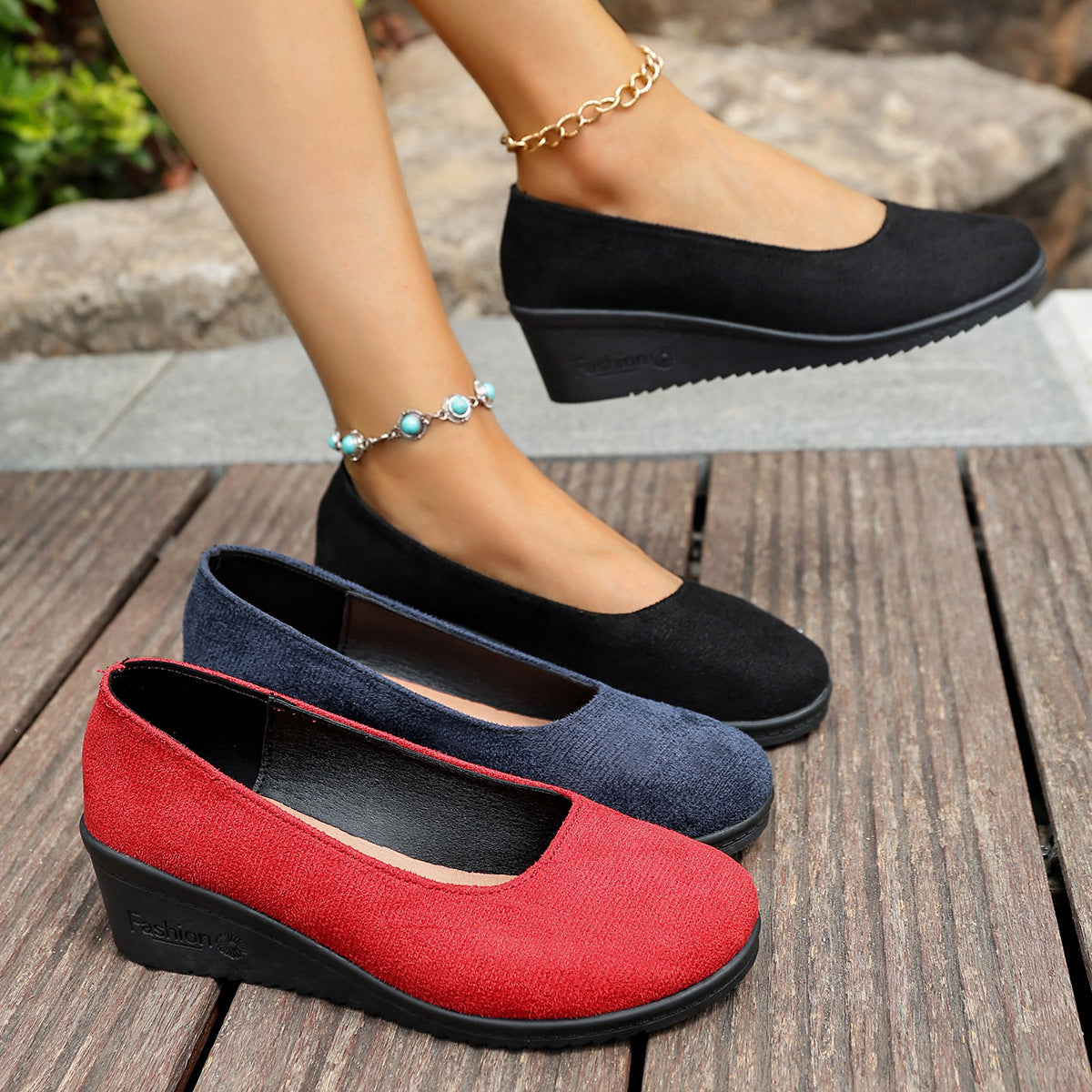 Shallow-toe Round-toe Slip-on Suede Wedge Shoes