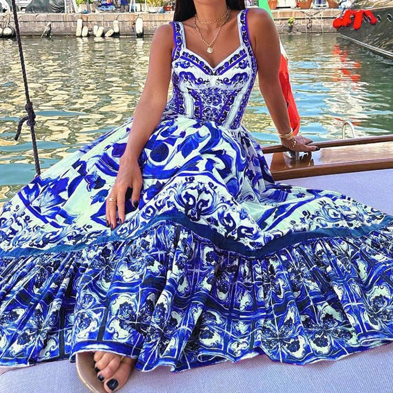 Printed Sleeveless Dress Fashion Temperament Spaghetti Waist-controlled Large Hem Dresses For Women