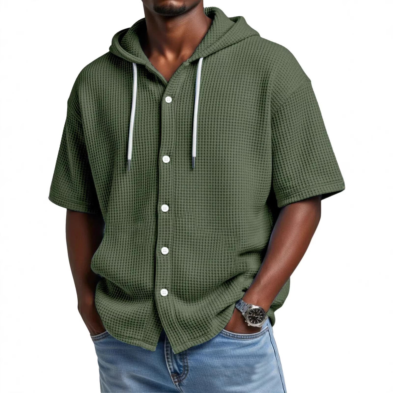 SpringSummer Casual Waffle Weave Hooded Short-Sleeve Top
