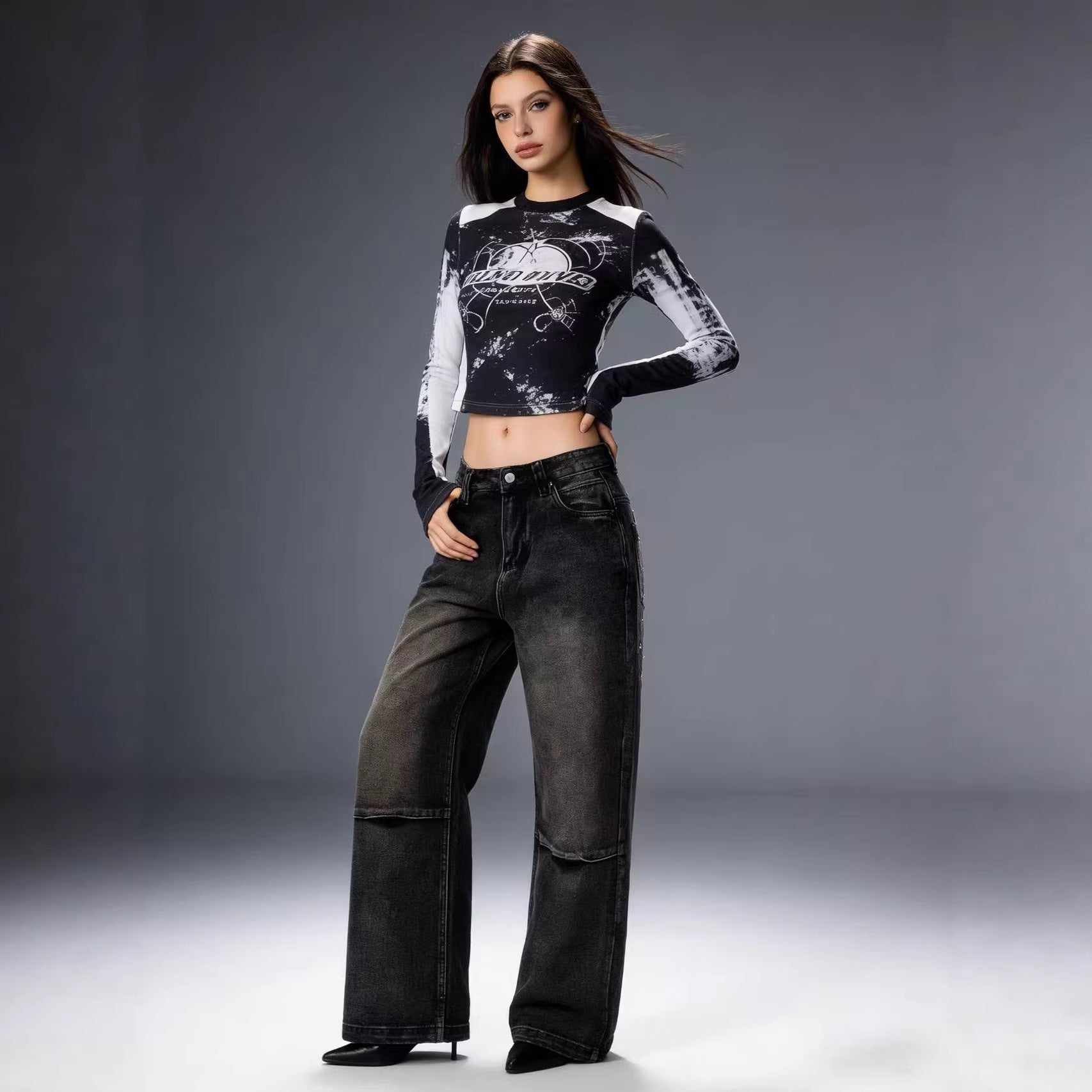 Printed Vintage Loose Wide-Leg Womens Jeans