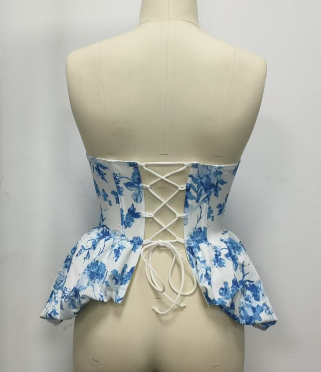 Printed Fishtail Hem Boning Bustier Top