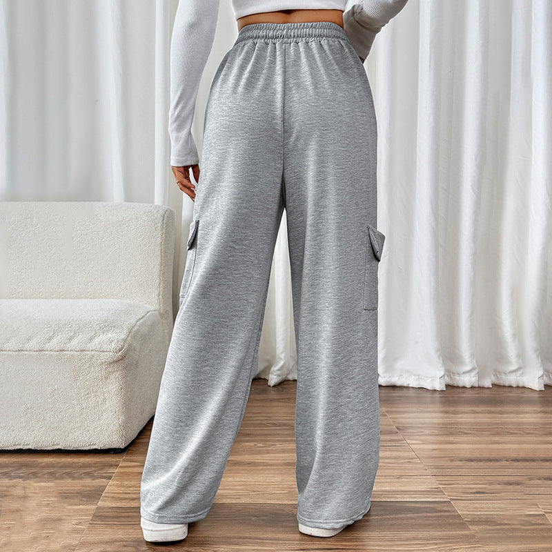 Casual Elastic High-Waist Straight Pants With Patch Pockets