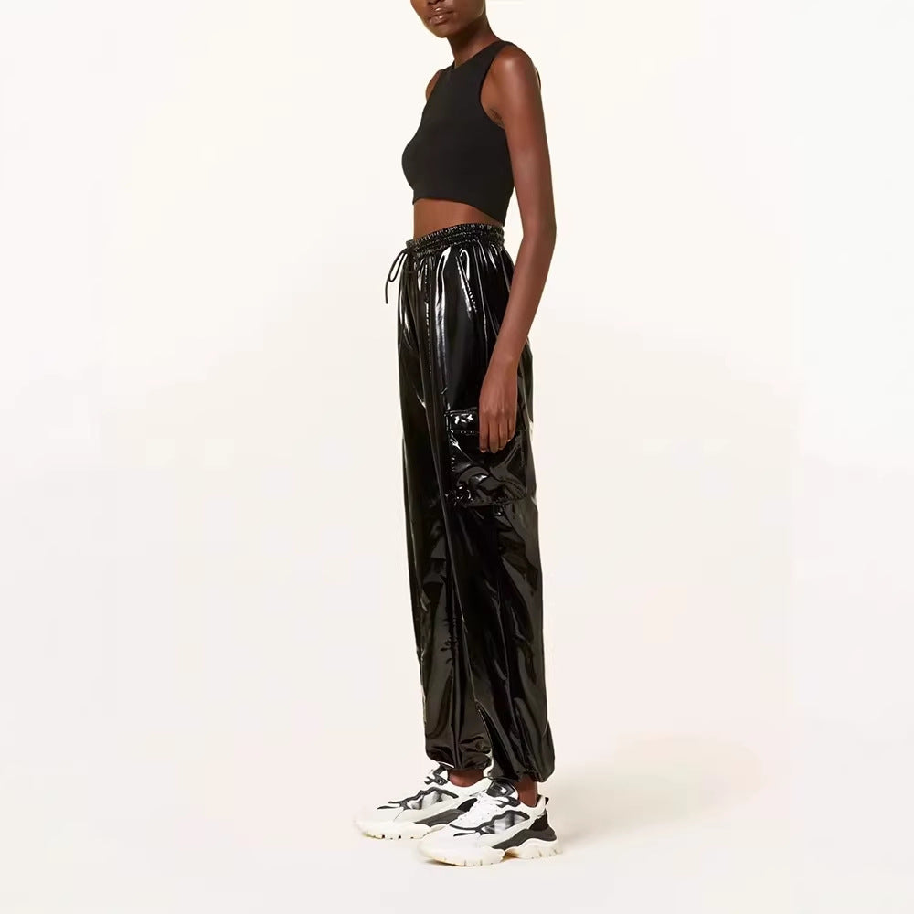 Mirror-finish Patent Leather Stretchy Loose Casual Leather Pants