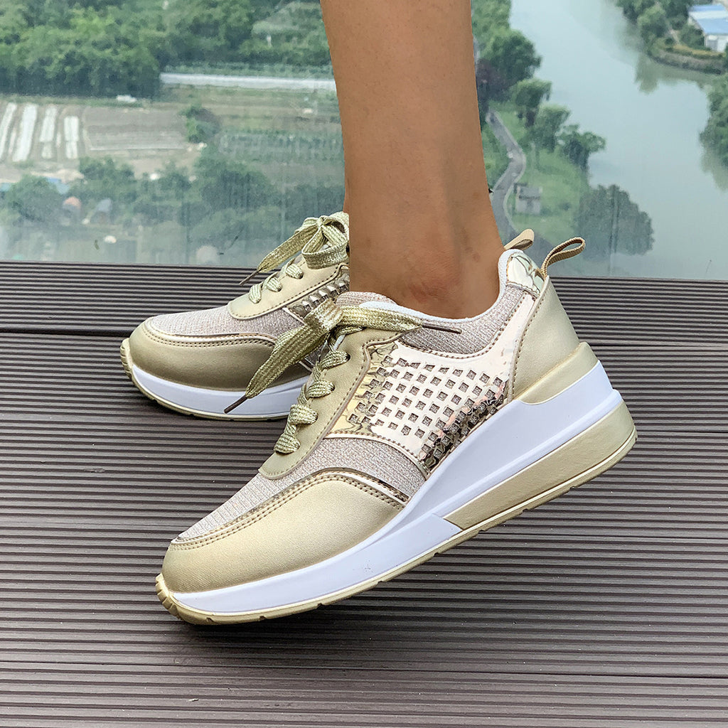 Sequin Round-Toe Lace-Up SpringAutumn Casual Sneakers