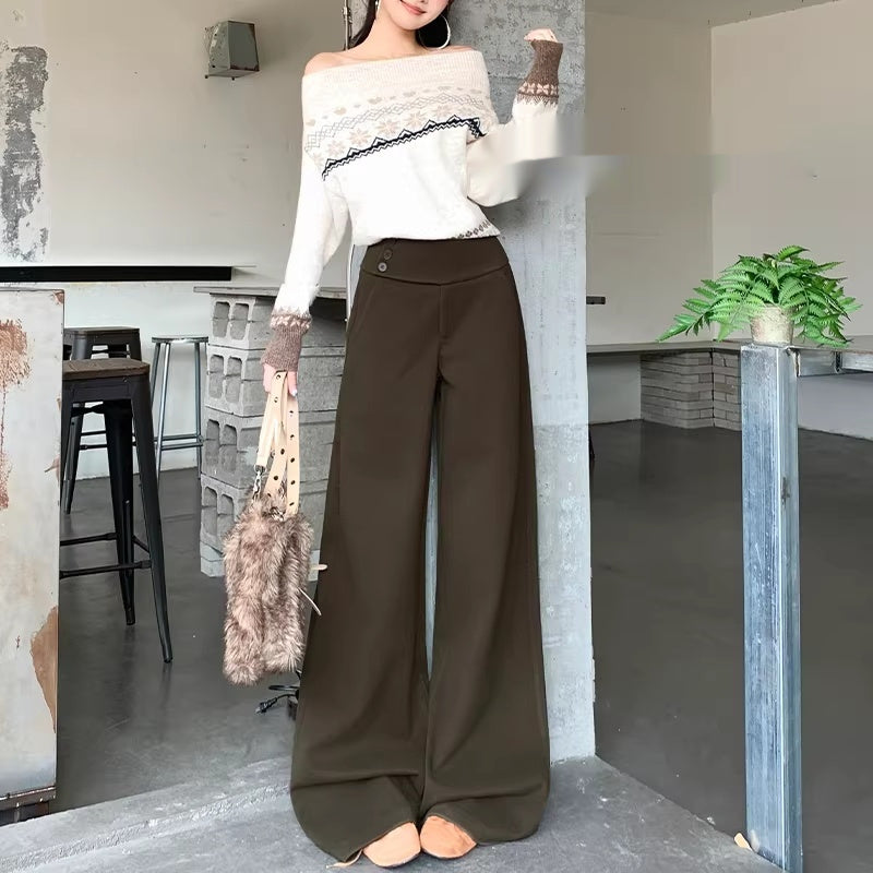 Dark Gray Wool High-waisted Slimming Loose-fit Casual Pants