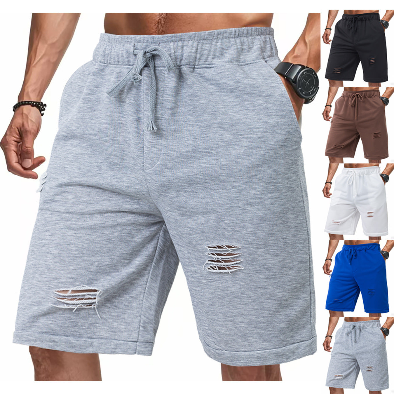 Ripped Casual Knitted Loose Fifth Solid Color Terry Sports Pants