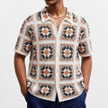 Color-blocked, Openwork, Lapel-neck Short-sleeve Knit Top