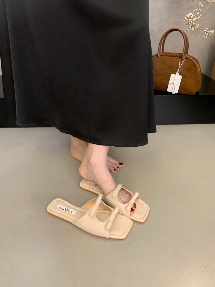 Women's Korean Style Bow Hollow Flat Slide Sandals, New 2026 Summer Design, French Square Toe Beach One-Strap Slides For Outdoor Wear